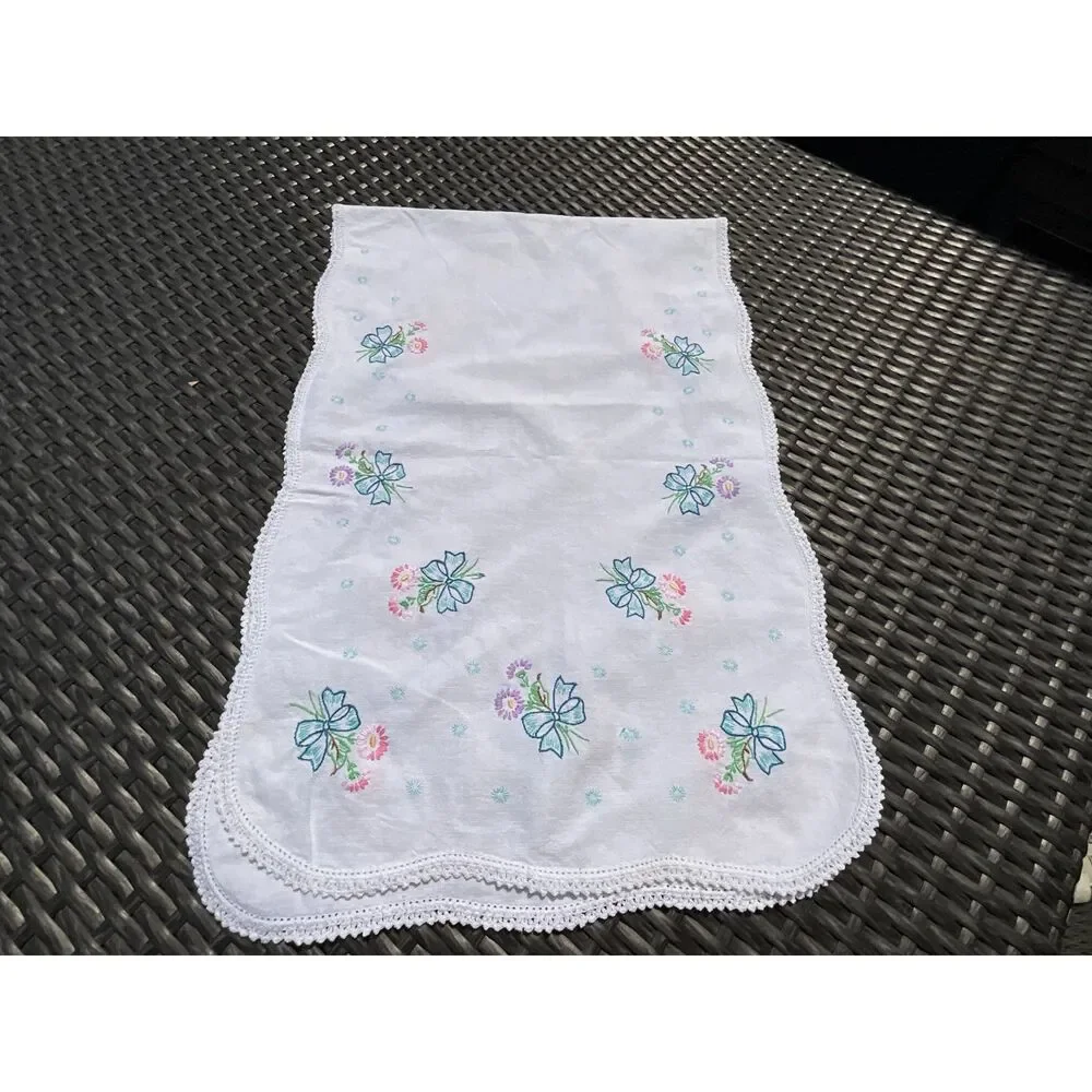 Vintage Hand Embroidered Dresser Scarf Blue Bows Floral Crochet Edge Cottagecore